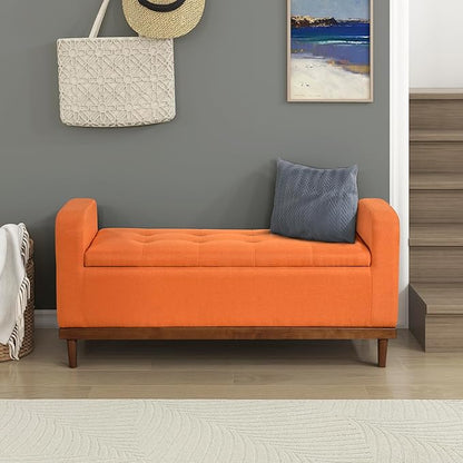 Lexicon Armed Fabric Storage Bench, Button-Tufted Storage Ottoman Bench, Lift-top Bench with Solid Wood Frame and Legs for Hallway, Bedroom End of Bed, Entryway, Living Room, Orange