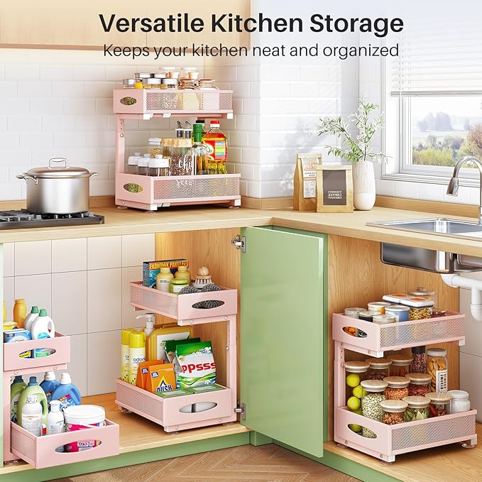 2 Pack Under Sink Organizer, 2 Tier Pull out Cabinet Organizer Mesh Baskets with 5 Adjustable Heights, Sliding Drawers Storage Shelf for Home, Kitchen, Bathroom, Pantry, Office, Countertop ,Pink