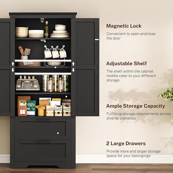 TEENFON 66.2" H Storage Cabinet, Farmhouse Kitchen Pantry Cabinet with 2 Drawers & Adjustable Shelf, Bathroom Cabinet, for Living Room, Kitchen, Bathroom, Black