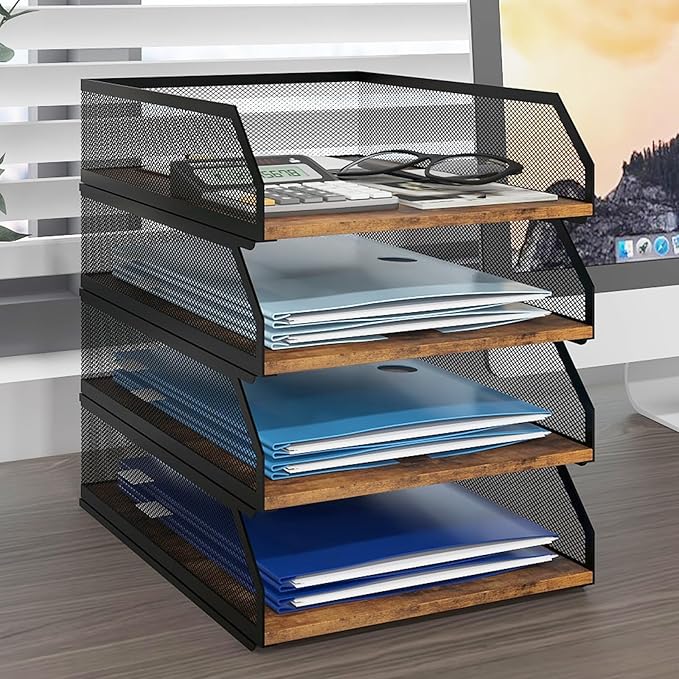 Natwind 4-Tier Stackable Paper Tray, Retro | Metal Mesh, Wood Board, Desktop Organizer, For Home, Office, School