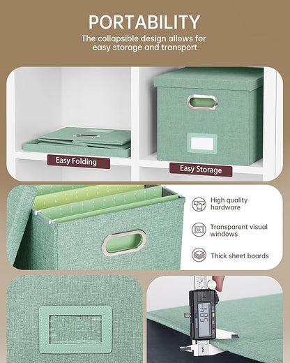 2 Pack File Storage Organizer, Filing Box, Portable File Box with Lid, Fit for Letter/Legal File Folder Storage, Document Organizer, Green