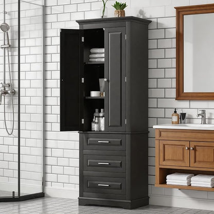 Storage Cabinet, Tall Bathroom Cabinet with Adjustable Shelf | Tall storage cabinet, upper enclosed cabinet and 3 pull-out compartments keep daily essentials organized