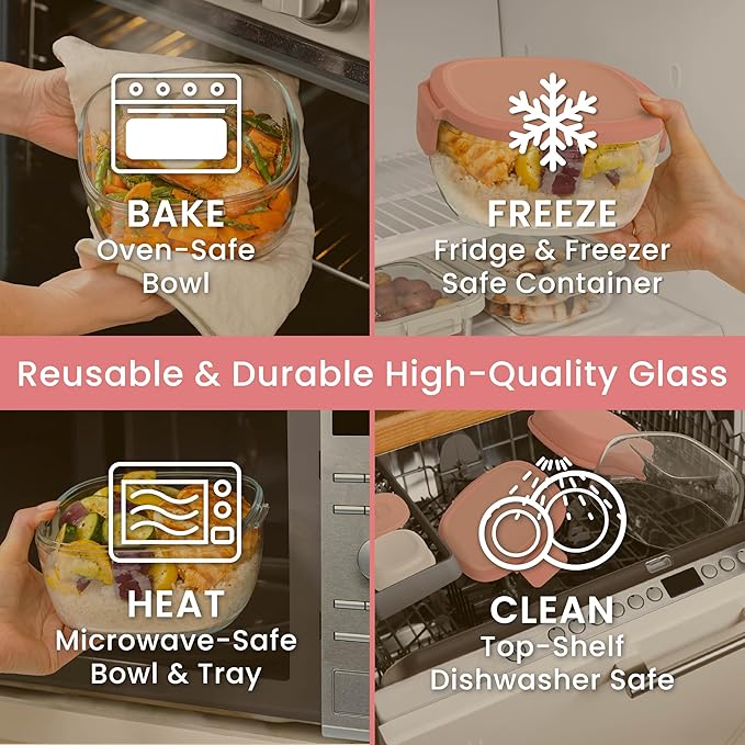 Bentgo Glass Salad Container - 7.6-Cup Salad Bowl with Airtight Lid, Leak-Proof Sauce Container, 4-Compartment Bento Tray & Reusable Fork - BPA-Free for Meal Prep, Office & More (Coral)