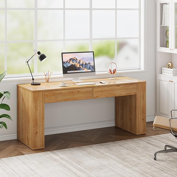 63-Inch Computer Desk with Storage, Farmhouse Home Office Desk with 2 Drawers, Wood Study Writing Table Workstation for Office, Study Room, Bedroom, Natural Oak