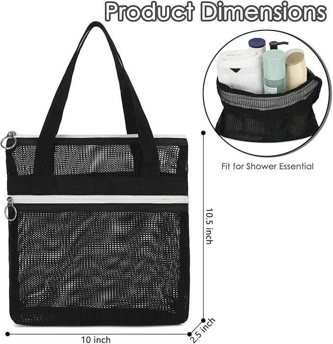 GYEUKHAM Mesh Shower Bag with 2 Zipper Pockets & Dual Handles, Quick-Drying Hanging Shower Caddy for College Essentials,Sunscreen,Dorm, Gym, Travel & Camping, Black