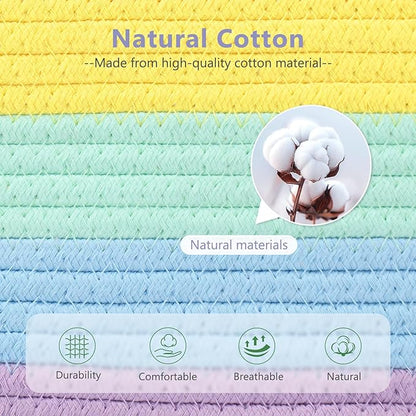 Cotton Rope Storage Basket, 15x10x9 Inches, Woven Basket for Shelves, Clothes, Towels, Books, and Laundry, Rainbow (1 Pack)