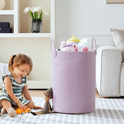80L Extra Large Purple Hamper Laundry Basket for Nursery Kids 16Dx22H inches Tall Lavender Blanket Basket for Girls Cotton Rope Lilac Clothes Hamper in Bedroom
