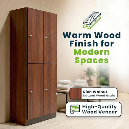 Alpine 4 Door Wooden Locker Cabinet - 72" Expandable Commercial Storage Lockers for Gym, Spa, Office & Golf Club - Includes Metal Base & Lock-Ready Handles, Double Column 2 Tier - Walnut