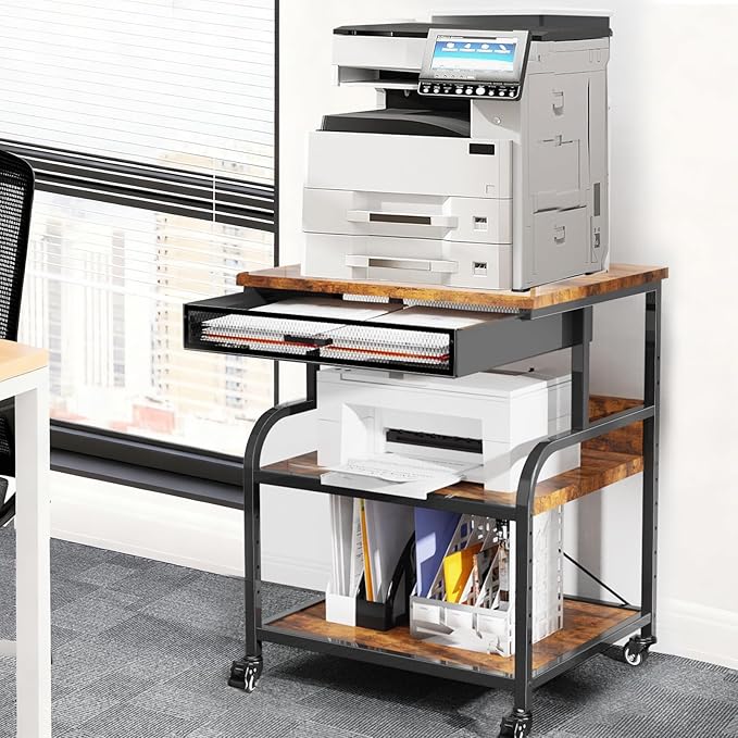 TFK 3-Tier Printer Stand with Drawer, Adjustable Shelf, Rolling Casters, 23.6 x 18.9 x 30 Inch Heavy Duty Printer Cart for Home Office, Large Printers, 3D Printers, Fax & Heat Press, Brown