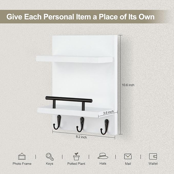 Key Holder Wall Mount, Mail Shelf Decor with 3 Key Hooks, Versatile Wood Wall Organizer for Entryway Hallway (8.2” x 10.6”x 3.6”) (White)