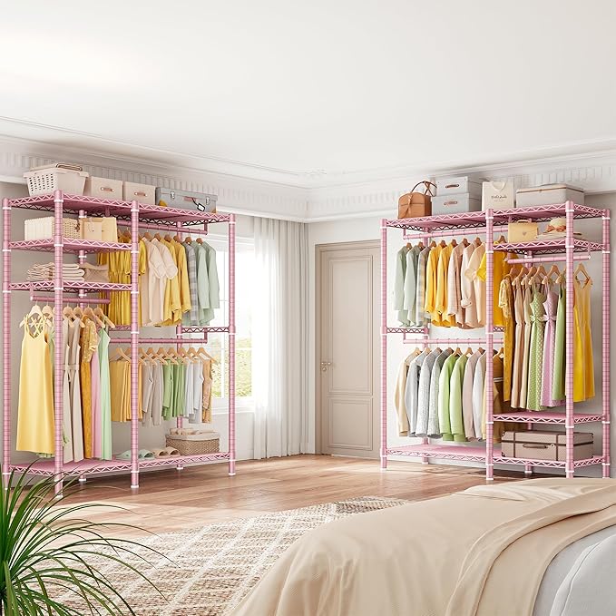 Raybee Clothes Rack Heavy Duty Loads 780LBS Clothing Racks for Hanging Clothes Adjustable Metal Portable Closet, 45.5" W x 77" H x16.5 D Pink