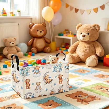 Rectangular Cute Bear Pattern Storage Bin, Decorative Canvas Laundry Basket with Dual Handles, Foldable Toy & Household Organizer, Multipurpose Party Gift Basket for Home Bedroom Dorm