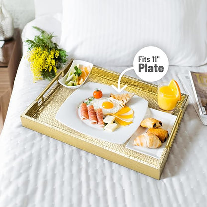 ATZYmolin 17" x 12" Wood Serving Tray with Gold Polished Metal Handles, Home Decorative Wooden Rectangle Ottoman Leather Decor Platter Bathroom Vanity Tray for All Occasions Alligator Gold