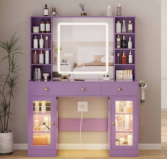 Purple Vanity Desk with Mirror and Lights, 43.4" Makeup Vanity Table Set with Lighted Mirror & RGB Glass Cabinet and 3 Drawers, Glass Top Dressing Table with Large Shelves for Girls, 3 Color Modes