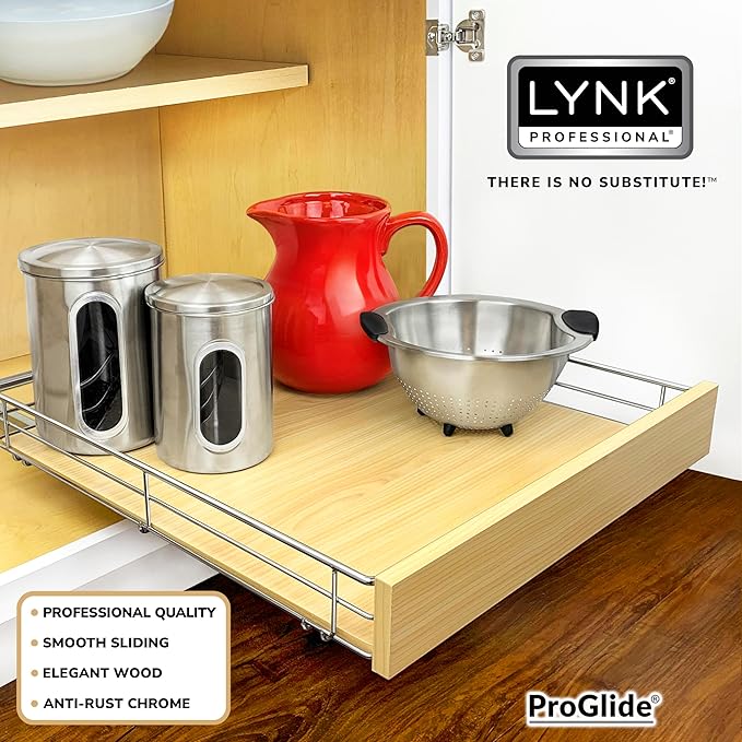 LYNK PROFESSIONAL® SELECT™ Slide Out Cabinet Organizer Pull Out Drawer, 20" x 21" Pull Out Cabinet Organizer – Pull Out Shelves for Kitchen Cabinets – Roll Out - Lifetime Ltd. Warranty, Wood Chrome