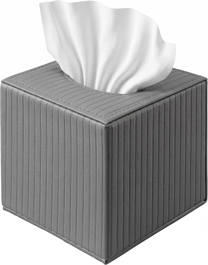 Gray Square PU Leather Tissue Box Cover with Magnetic Bottom – Stylish Cube Holder for Napkins, Decorative for Bathroom, Living Room, Office, Car, Nightstand