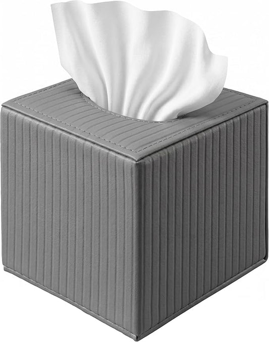 Gray Square PU Leather Tissue Box Cover with Magnetic Bottom – Stylish Cube Holder for Napkins, Decorative for Bathroom, Living Room, Office, Car, Nightstand