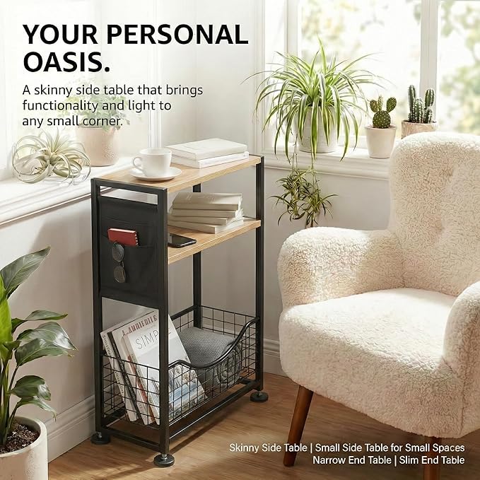 Skinny Side Table with Storage, 3 Tier Slim Side Tables for Small Spaces, Skinny End Table Narrow Bedside Table Narrow Side Table for Living Room, Bedroom