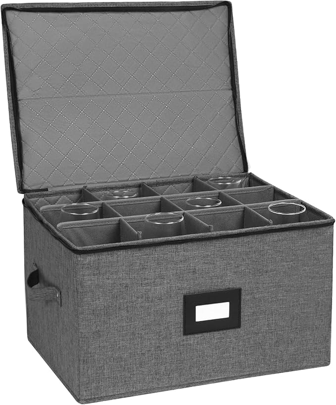 Mayniu Stemware Storage Cases, Wine Glass Storage Box with Dividers – Hard Shell Top, Stackable for Crystal, Glassware Storage Containers for Packing, Moving & Home (17"x13"x10" Black)