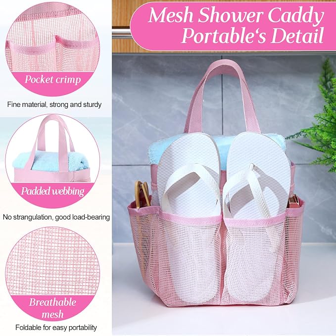 Hillban 4 Pcs Mesh Shower Caddy Portable Shower Caddy for Dorm Beach Mesh Bags with Deeper 8 Pockets and Handles Showers Caddies Basket for Women College Room Vacation(Pink)