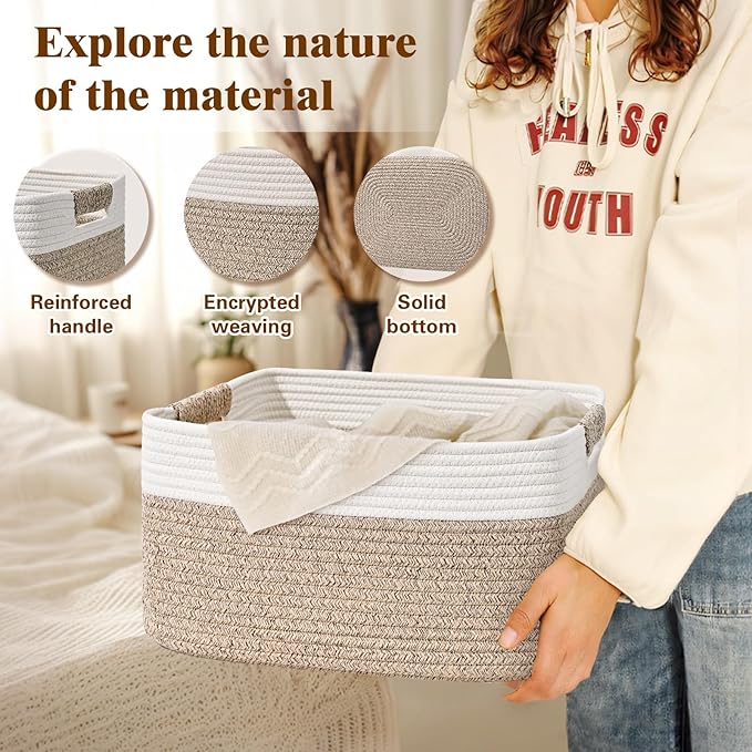 3 Pack Large Storage Basket for Organizing, 17.5"x13.5"x7.5" Woven Basket for Shelves, Closet Cube Storage Bins with Wrapped Handle, Cotton Rope Baskets for Kitchen, Clothes, Toys(Off White & Brown)