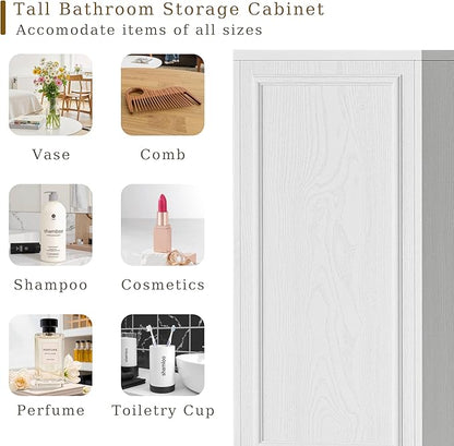 Tall Bathroom Storage Cabinet, Wall Mounted or Floor Mounted,Narrow Slim Wall Cabinet with 2 Door, 1 Drawer, Open Shelf for Living Room, 11.81" D x 11.81" W x 65" H (Embossed White, 2 PCS)