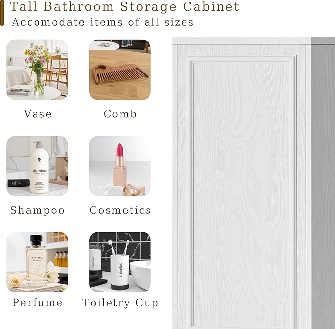 Tall Bathroom Storage Cabinet, Wall Mounted or Floor Mounted,Narrow Slim Wall Cabinet with 2 Door, 1 Drawer, Open Shelf for Living Room, 11.81" D x 11.81" W x 65" H (Embossed White, 1 PCS)