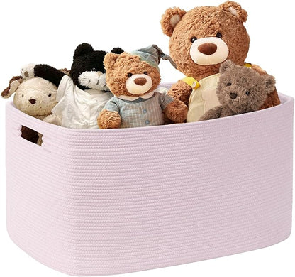 SunNewt 45L Small Baby Girls Laundry Basket for Nursery Storage,Cute Woven cotton Rope Baskets for Kids Toy，Gifts, Boho Square Wicker Blanket hamper for Living Room,Bedroom Dirty Clothes,Pink