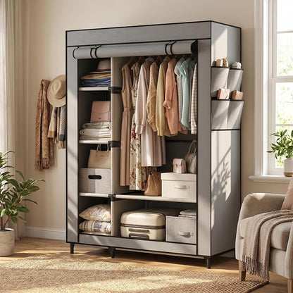 Calmootey Portable Closet Organizers, Clothing Storage, Wardrobe with 6 Shelves and Hanging Rod, Non-Woven Fabric Cover with 4 Side Pockets, Grey