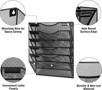 Wall File Organizer, 6 Tier Hanging File Folder Mail Organizer, Vertical Mesh Metal Wall Mount Hanging File Holder, Paper Document Magazine Rack for Home Office Black