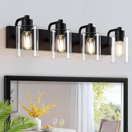 Bathroom Vanity Light, Modern Matte Black 4-Light Bathroom Lights Over Mirror with Clear Glass Shade,Wall Sconces for Bedroom,Living Room