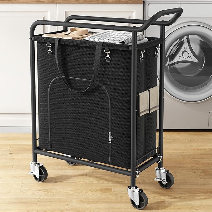 Laundry Basket with Wheels,114L Large Rolling Laundry Hamper, Heavy-Duty Laundry Cart Sturdy Metal Frame with Handle, Minimizes Bending Easy Access Clothing for Bedroom, Bathroom, Laundry Room (Black)