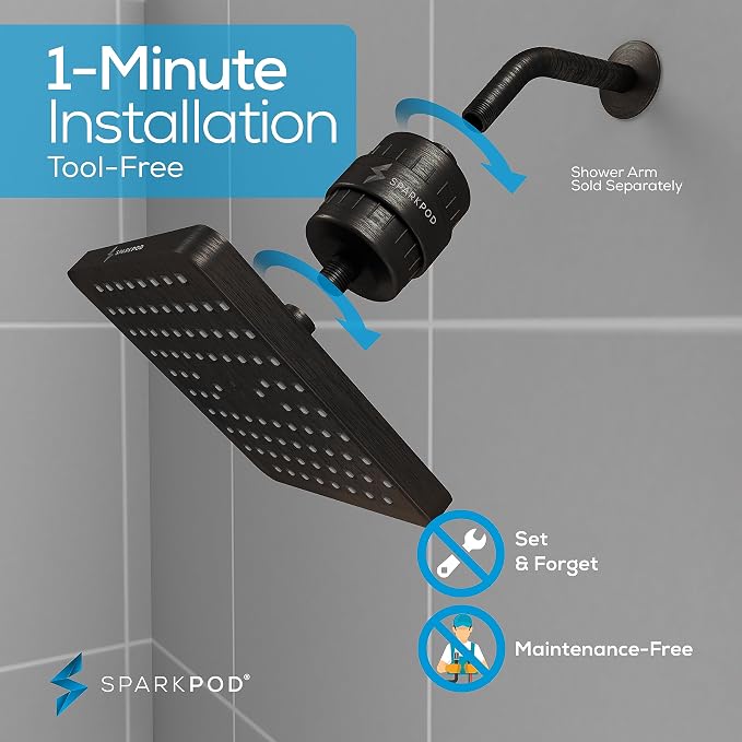 SparkPod 23-Stage Filtered Shower Head, 8" Square, Oil-Rubbed Bronze | Filtered Shower Head for Hard Water Filter, High Pressure, Reduces Chlorine, Heavy Metals, For Dry Skin & Hair