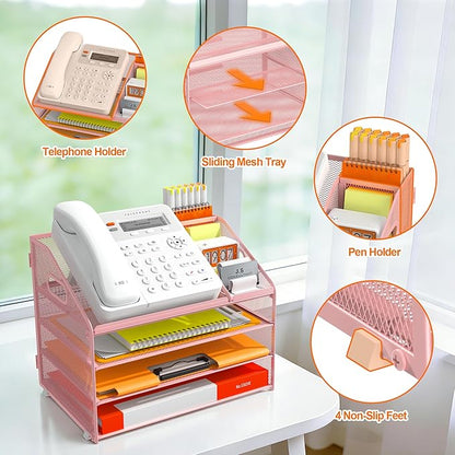 DocNest 4 Tier Metal Mesh Letter Tray - Space Saving Desk File Organizer with Handle, Pen Holder & Folder Holder - Desktop Document Sorter for Office, Home, School, Classroom - Pink