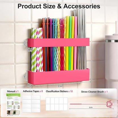 9.5” Large Acrylic Straw Holder for Cabinet Door, Reusable Adjustable Two-Part Straws Organizer with Ultra Sticky Adhesive Strips, 2026 Straw Storage for Kitchen Cupboard (Hot Pink)