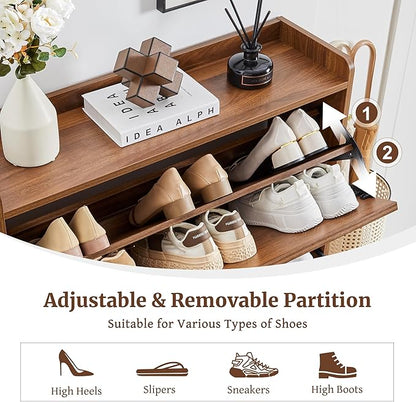 Shoe Storage Cabinet with 2 Flip Doors, 31.5" Narrow Fluted Design for Space Saving, Freestanding Entryway Shoe Organizer for Hallway & Living Room (Walnut)