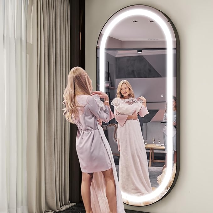 FENNIO Full Length Mirror with Lights, 80" x 36" LED Full Body Mirror, Wall Mounted Hanging Mirror with Lights for Bedroom, Salon, Dimmable & 3 Color Lighting, Tempered Glass