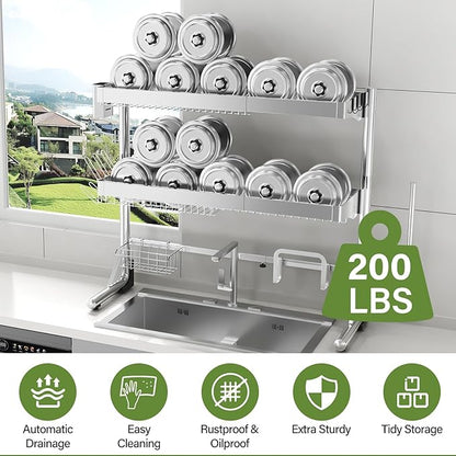 Over The Sink Dish Drainer Drying Rack 3 Tier, Full Stainless Steel Dish Drying Rack Adjustable Length 20.9''-37.4'', Kitchen Sink Shelf, Organized Space-Saving Dish Rack