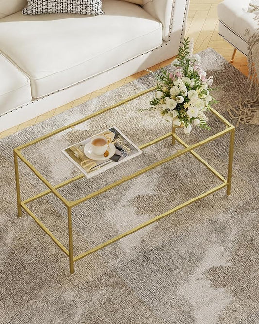 Homleke Glass Coffee Table, Modern Rectangular Coffee Table for Living Room, Minimalist Center Tea Table with Sturdy Metal Frame for Apartment, Office, Easy Assembly, 39.4 x 19.7 x 17.7 Inches, Golden