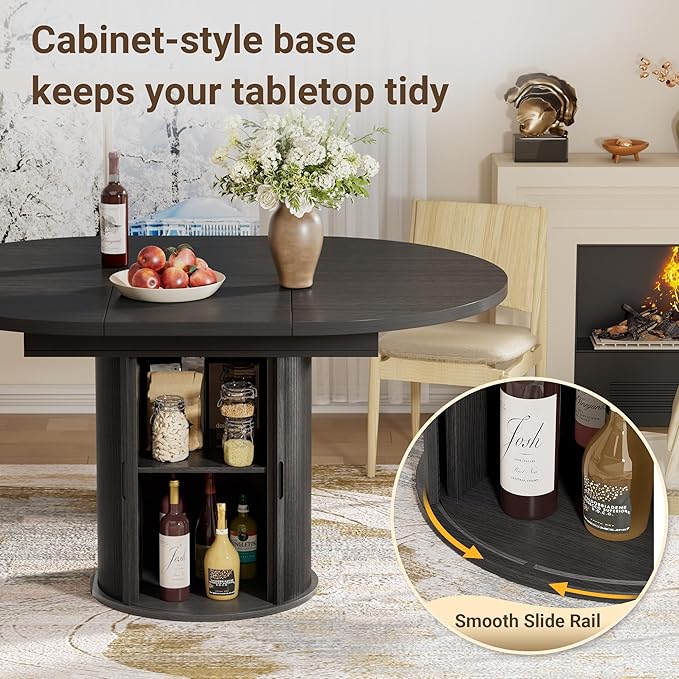 40-55in Black Round Dining Table for 4–6, Modern Expandable Dining Table, Oval Dinner Table with Removable Leaves Space Saving, Kitchen Table for Dining Room,Apartments or Meeting Rooms