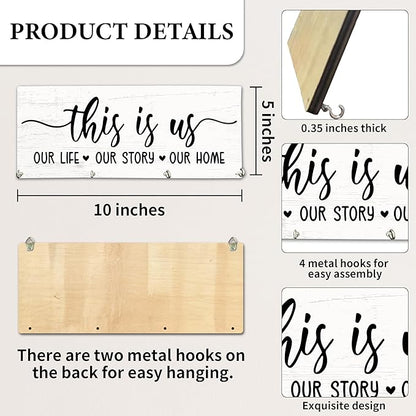 This is Us Wooden Key Holder for Wall - 5"x10" Key Organizer Hanger with 4 Hooks for Home Front Door Hallway Entryway Kitchen - Home Office Decor & Housewarming Gifts Supplies - A05