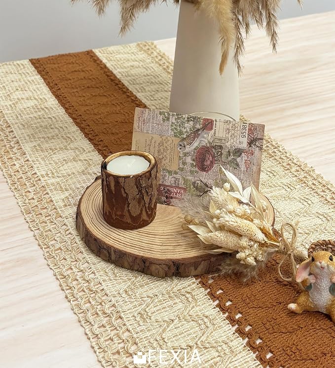 FEXIA Boho Table Runner 60 Inches Long Macrame Summer Decor Coffee Table Cover Farmhouse Stylewith Tassels for Party Bohemian Rustic Wedding Bridal Shower Dining Room Middle Brown (12x60 Inches)