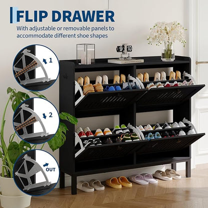 Garvee 4 Flip Drawer Shoe Cabinet with Adjustable Shelves, Hidden Shoe Organizer with Large Capacity, Freestanding Wooden Shoe Rack for Entryway, Hallway, Living Room, Black