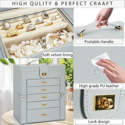 AKOZLIN Large Jewelry Box Organizer Functional Lockable with Big Mirror, Leather Jewelry Storage Case for Women Girls Ring Necklace Earring Bracelet Holder Organizer Grey