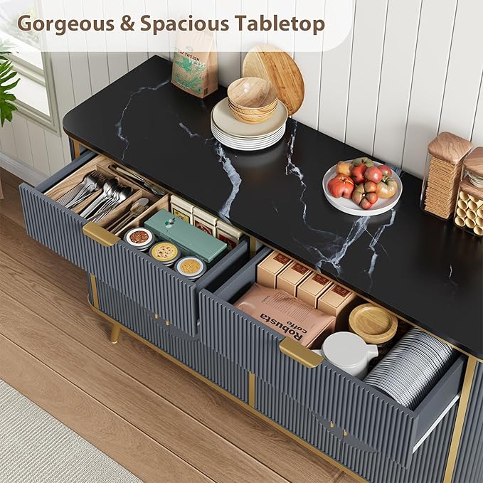 47.2" Buffet Storage Cabinet, Modern Fluted Coffee Bar Station with 2 Drawers & Adjustable Shelves, Kitchen Sideboard Buffet for Dining Room, Living Room, Hallway, Navy Blue
