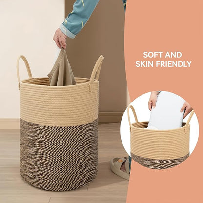 Eblog 58L Cotton Rope Laundry Basket (20"x15"),Woven Basket for Storage Dirty Clothes Basket for Laundry, Living Room, Nursery, Bedroom Rope Storage Basket for Blankets（Brown/Stitches）