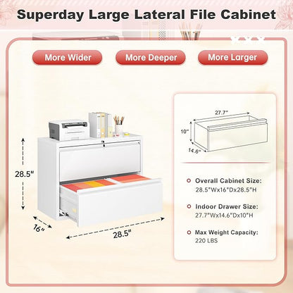 Superday Lateral File Cabinet 2 Drawer Metal File Cabinet with Lock, White Filing Cabinets for Home Office, Locking Filing Cabinets Hanging Files Letter/Legal/F4/A4