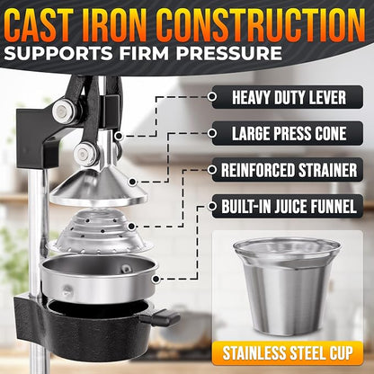 Cast Iron Juicer Hand Press, Heavy-Duty Squeezer – One Pull Extracts Full Juice with No Electricity – Manual Citrus Press Juicer & Orange Squeezer for Lemon, Lime, and Lemonade at Home or Bar (Black)