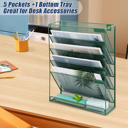 EASEPRES Desk File Organizer Mesh 6-Tier, Hanging Wall Mount Document Organization Stand, Desktop Vertical Mail Paper Folder Holder Rack with Bottom Tray for Office Home Cubicle Countertop, Dark Green