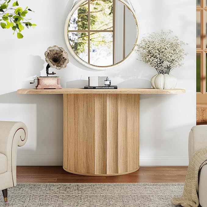 Fluted Console Table, 59'' Narrow Wooden Sofa Tables Behind Couch, Modern Entryway Table with Storage Curved Accent Table for Hallway, Living Room, Entrance, Foyer (Natural)